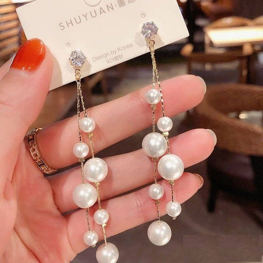 Korean Long tassel pearl stone Earrings - Urban Era Jewel