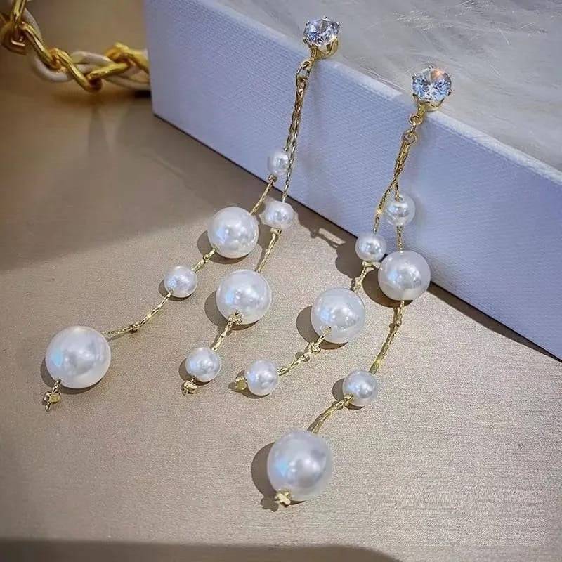 Korean Long tassel pearl stone Earrings - Urban Era Jewel