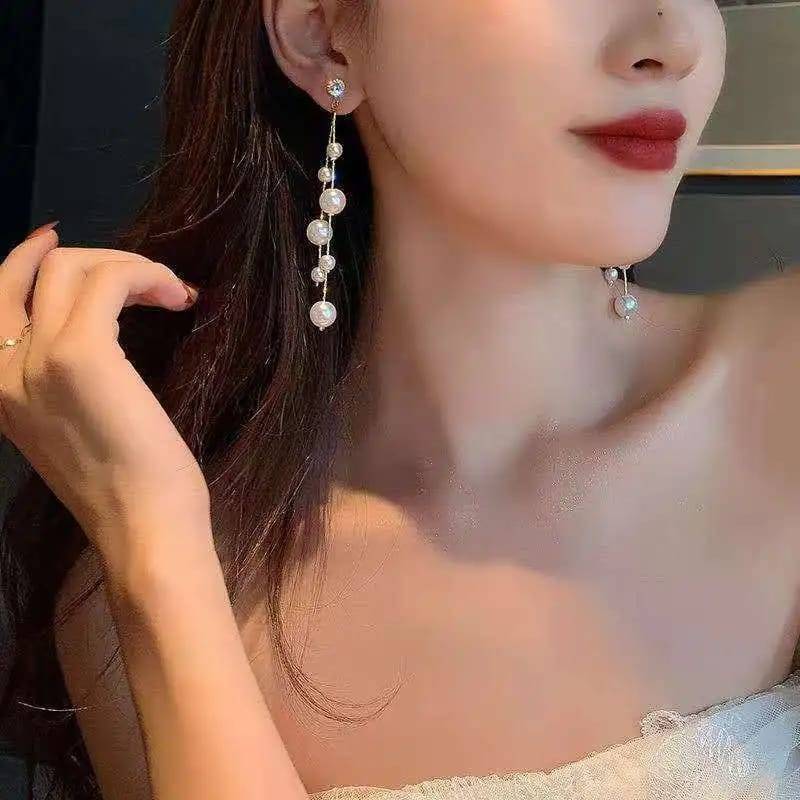 Korean Long tassel pearl stone Earrings - Urban Era Jewel