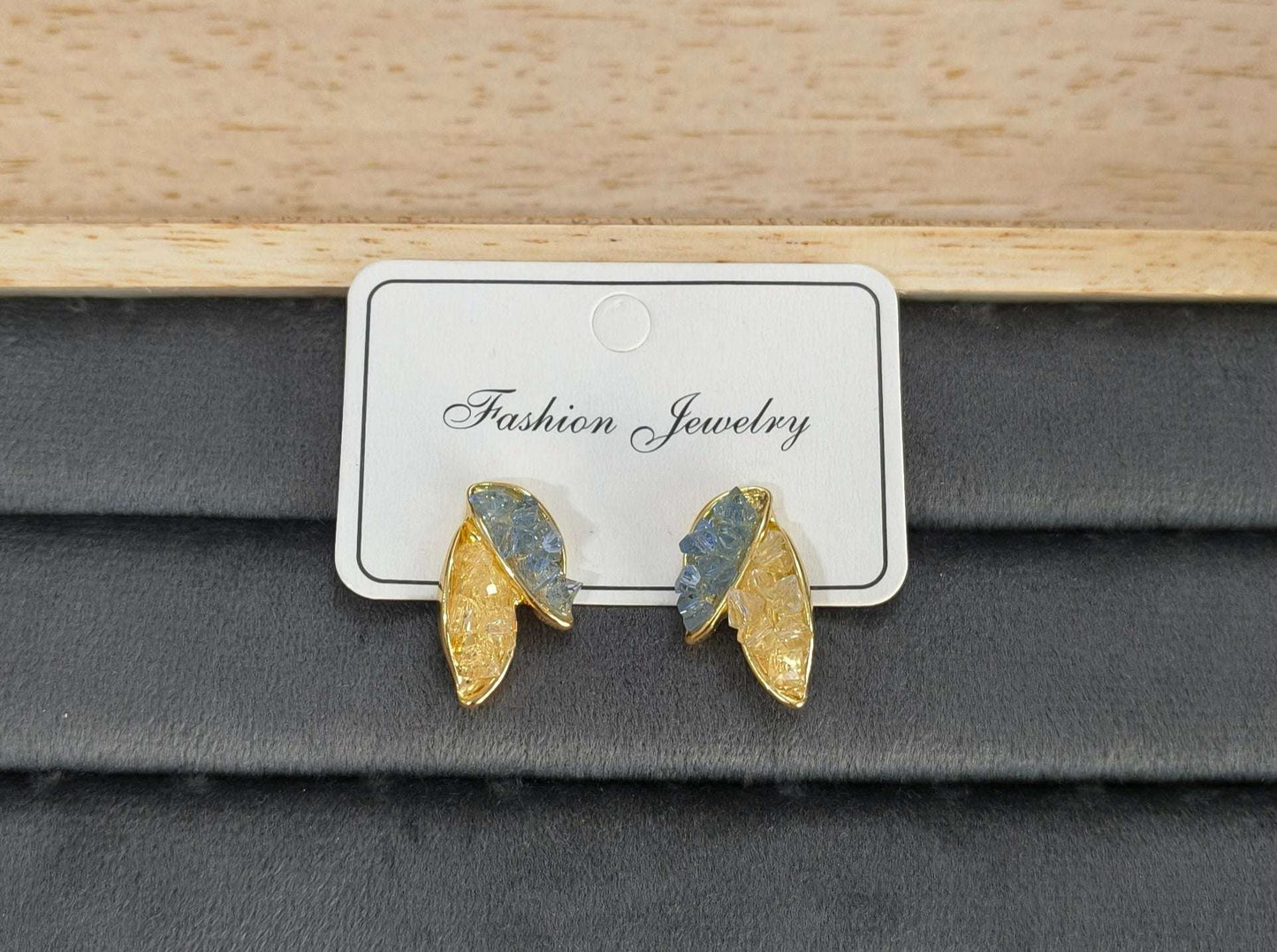 Anitarnish Leaf Shaped Blue Golden Crystal Stud Earrings