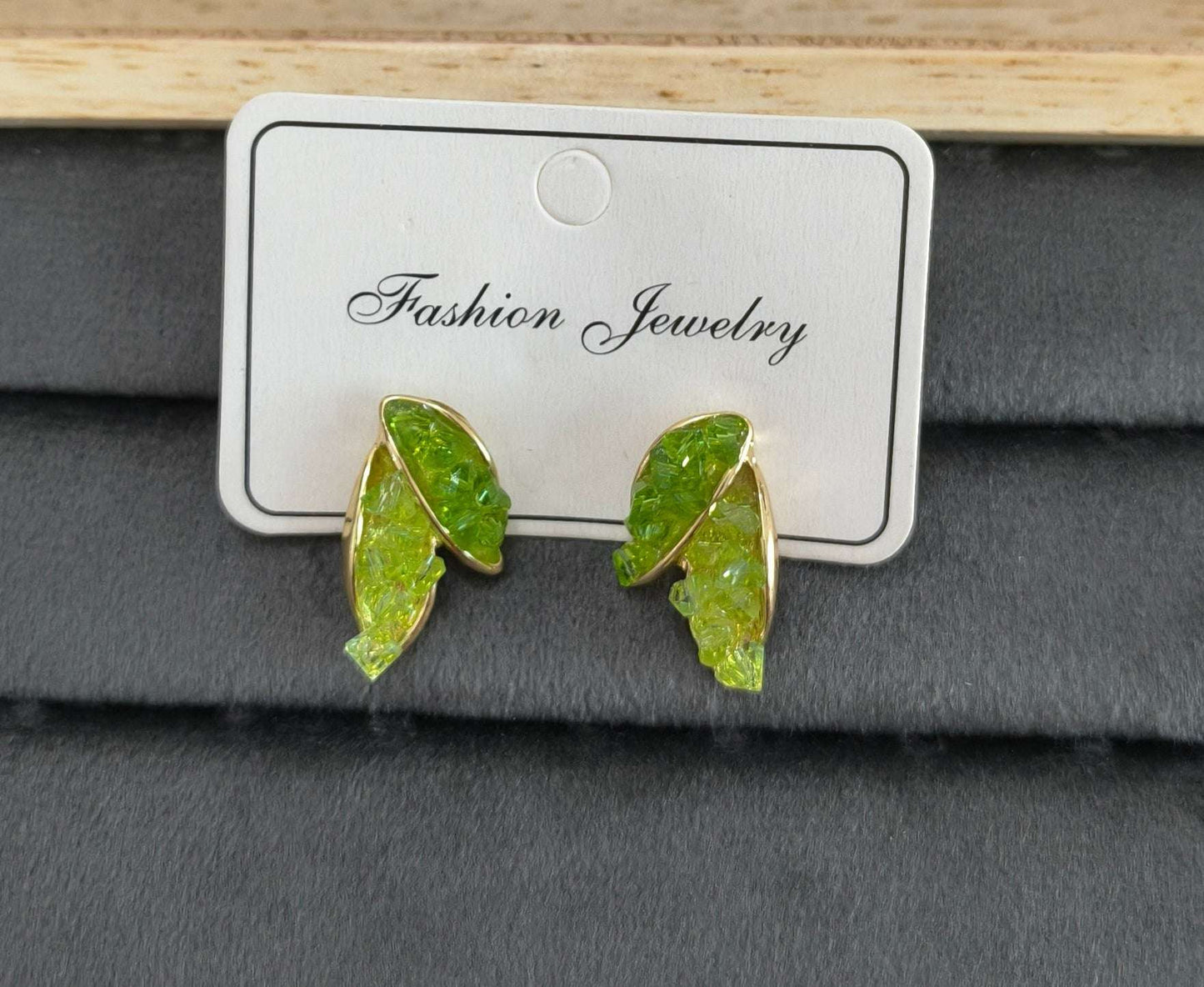 Anitarnish Leaf Shaped Green Crystal Stud Earrings