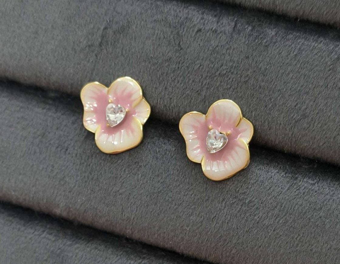 Anitarnish Pink Flower Stud Enamel Earrings