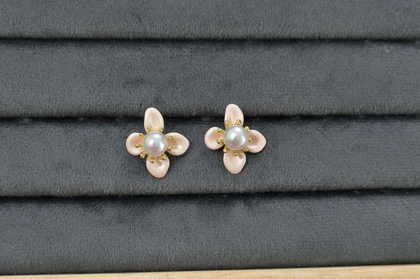 Anitarnish Pink Pearl and Flower Stud Earrings