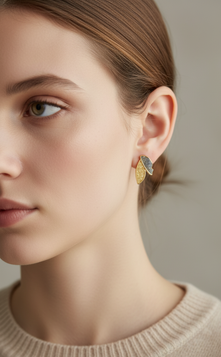 Anitarnish Leaf Shaped Blue Golden Crystal Stud Earrings