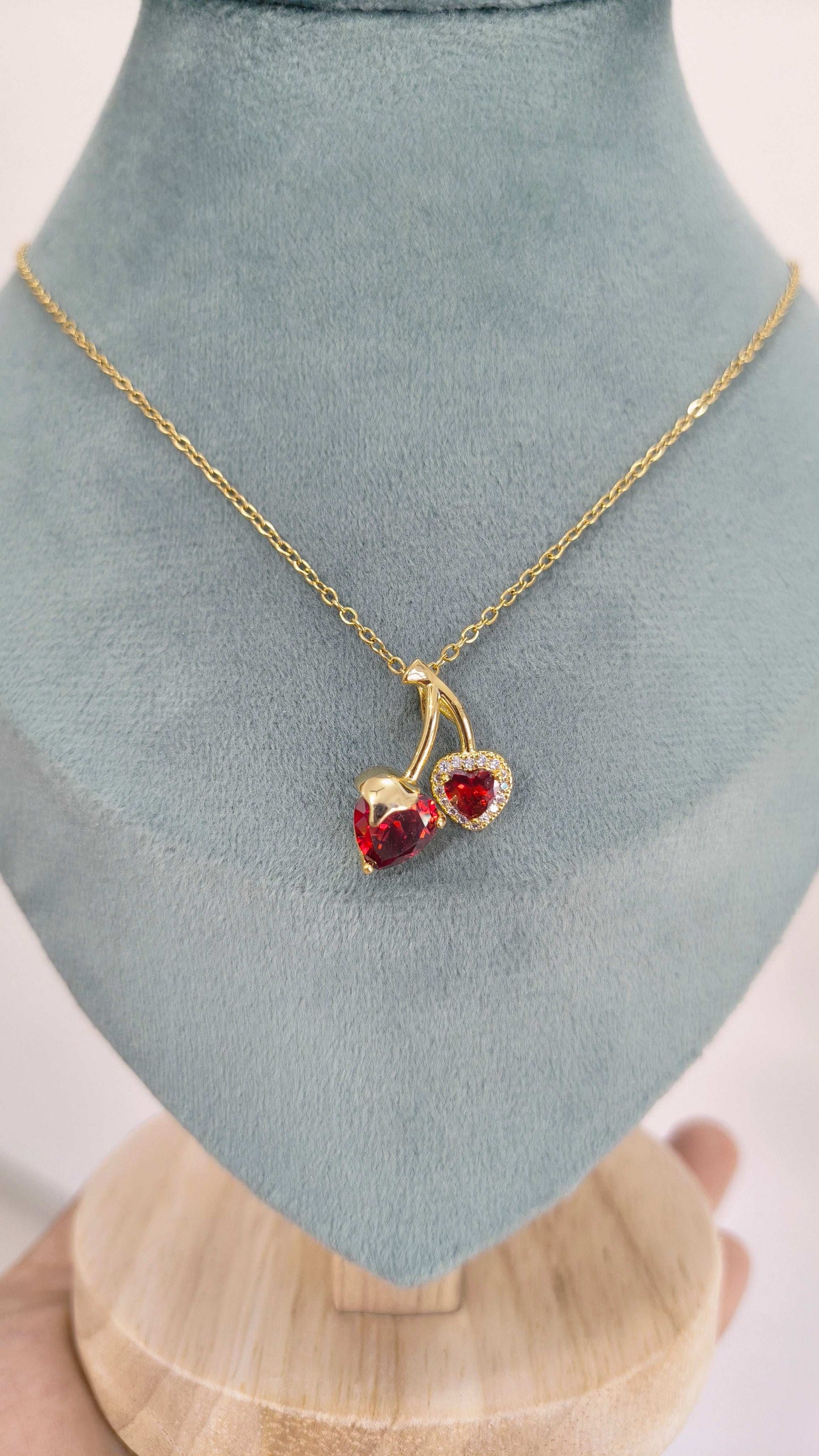 Anti Tarnish Cute Red Cherry Gold Necklace 18K Gold Plated