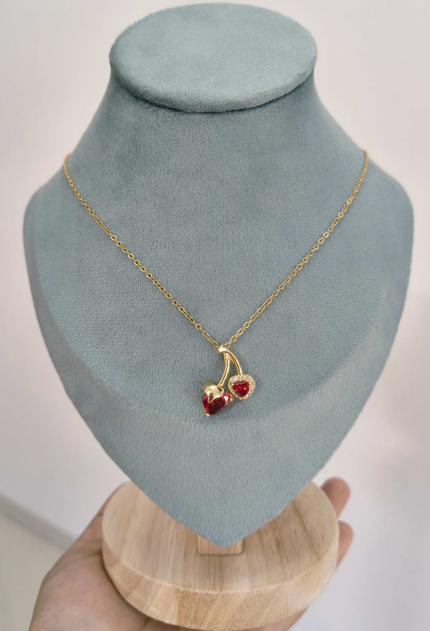Anti Tarnish Cute Red Cherry Gold Necklace 18K Gold Plated