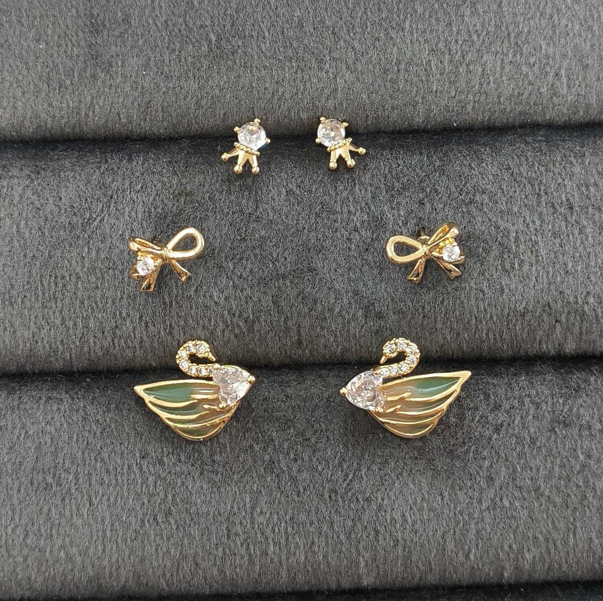 Anti Tarnish Dainty Swan Earrings Set of 3 18K Gold Plated