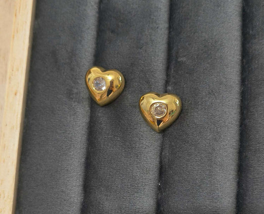Anti Tarnish Diamond Heart Stud Earrings 18K Gold Plated