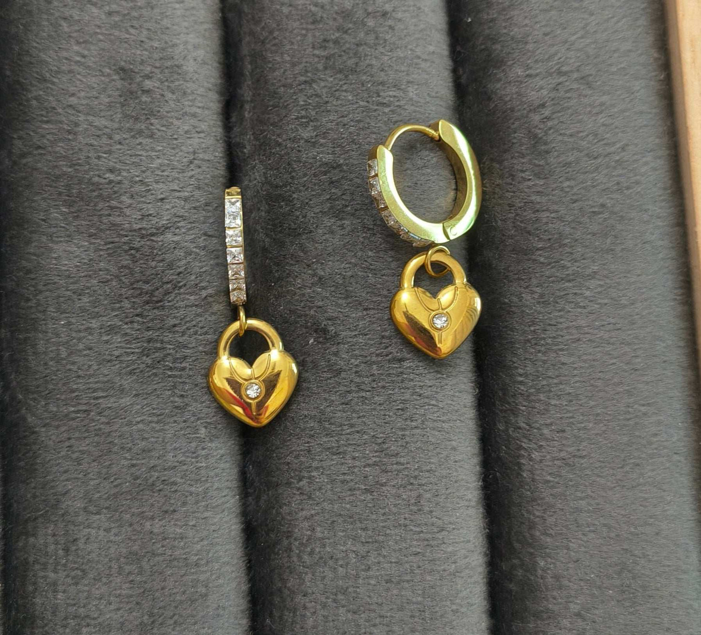 Anti Tarnish Heart Lock Dangler Earrings 18K Gold Plated