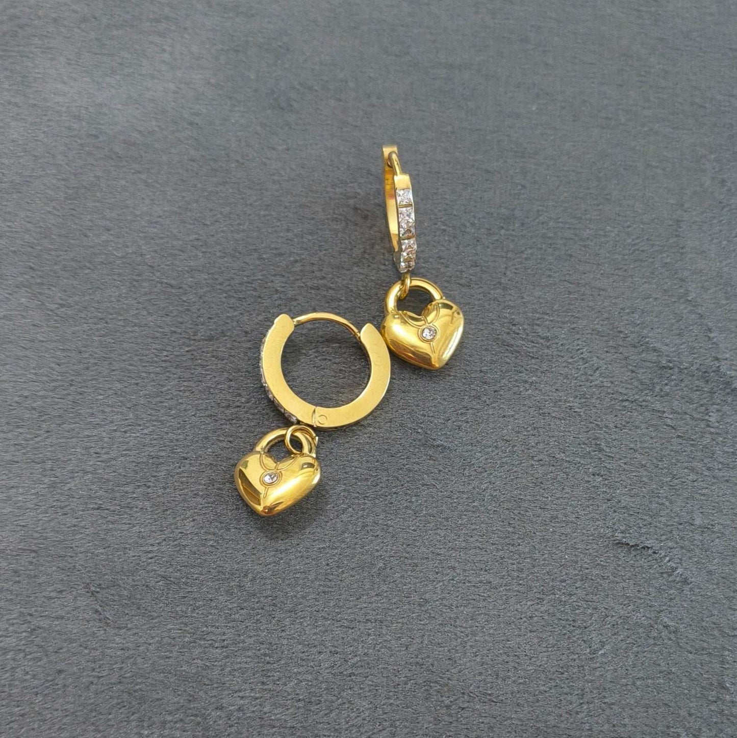 Anti Tarnish Heart Lock Dangler Earrings 18K Gold Plated