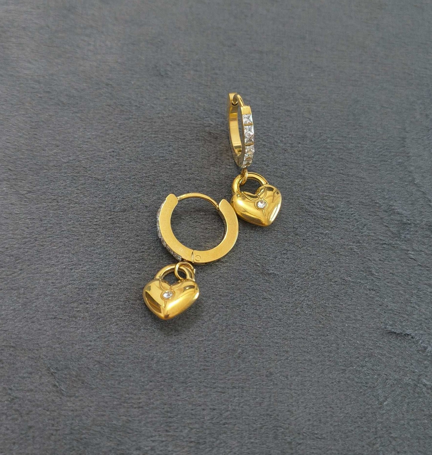 Anti Tarnish Heart Lock Dangler Earrings 18K Gold Plated