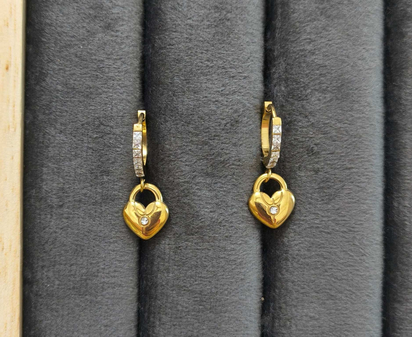 Anti Tarnish Heart Lock Dangler Earrings 18K Gold Plated