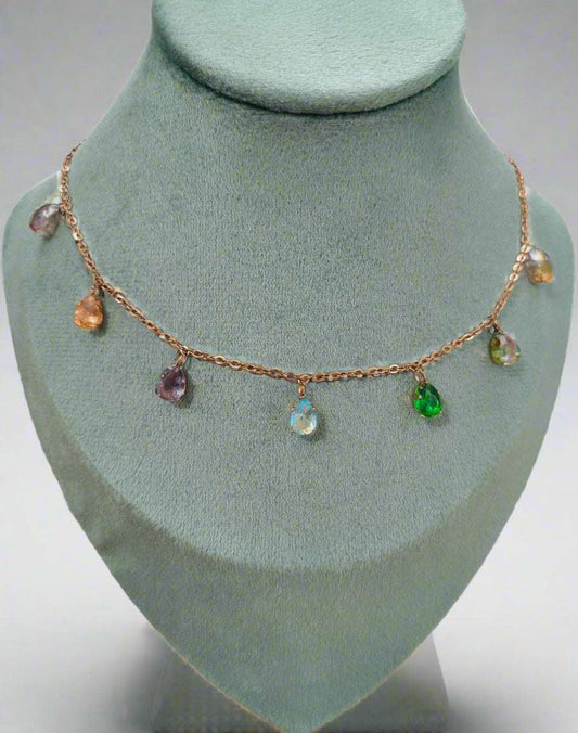 Anti Tarnish Rosegold Multicolor Diamond Drop Necklace