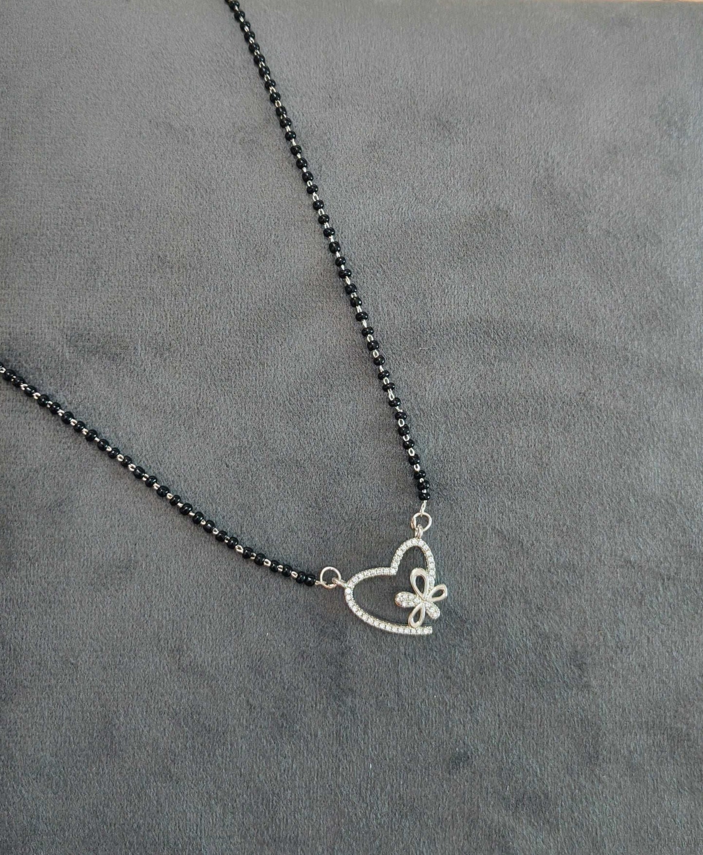 Anti Tarnish Silver Toned Heart Pendant Mangalsutra Necklace