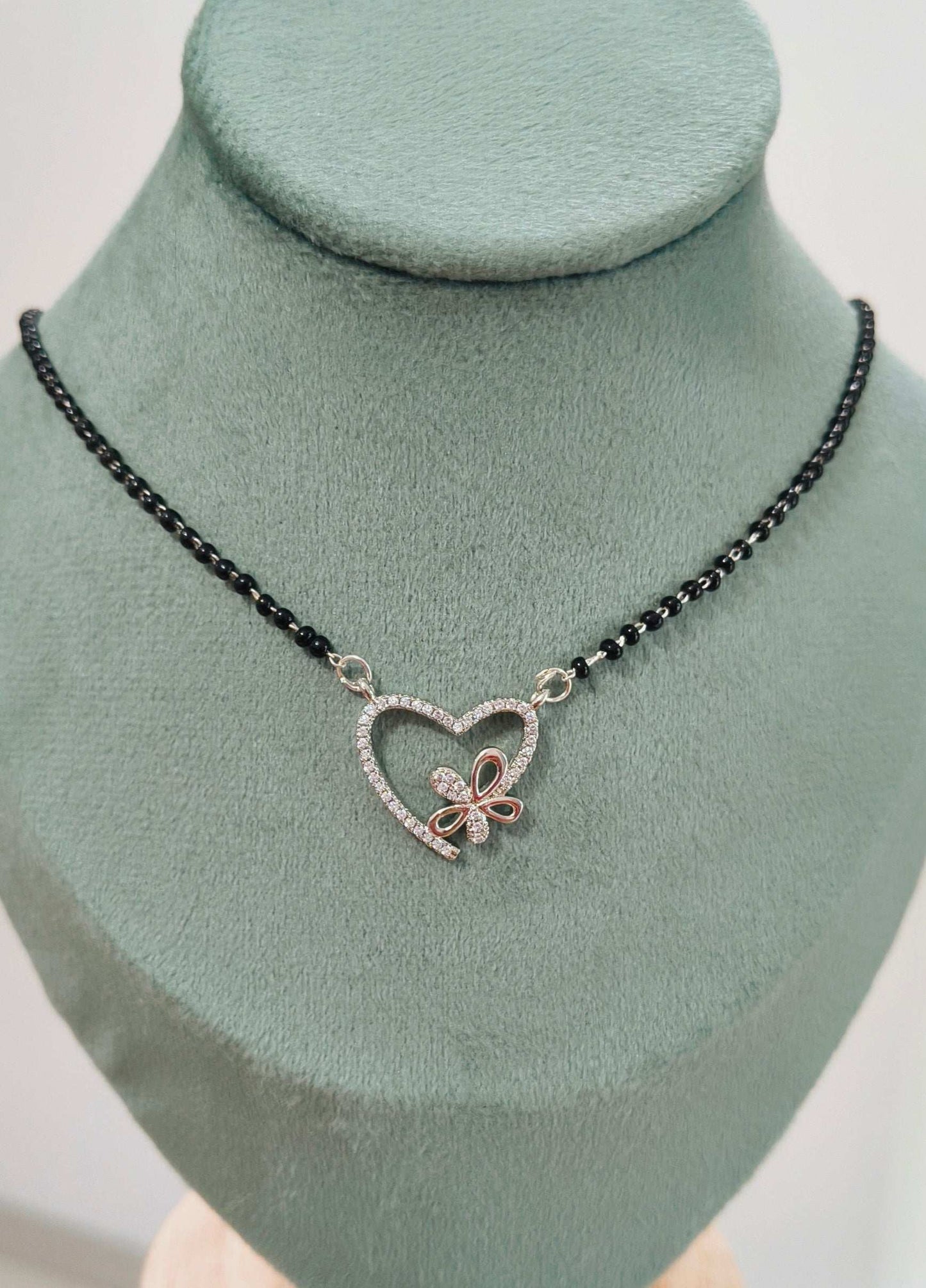 Anti Tarnish Silver Toned Heart Pendant Mangalsutra Necklace