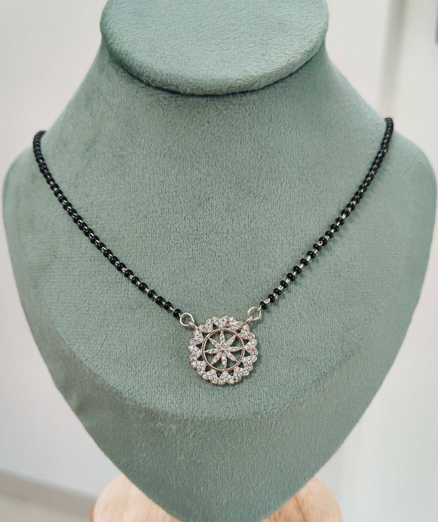 Anti Tarnish Silver Toned Round Pendant Mangalsutra Necklace