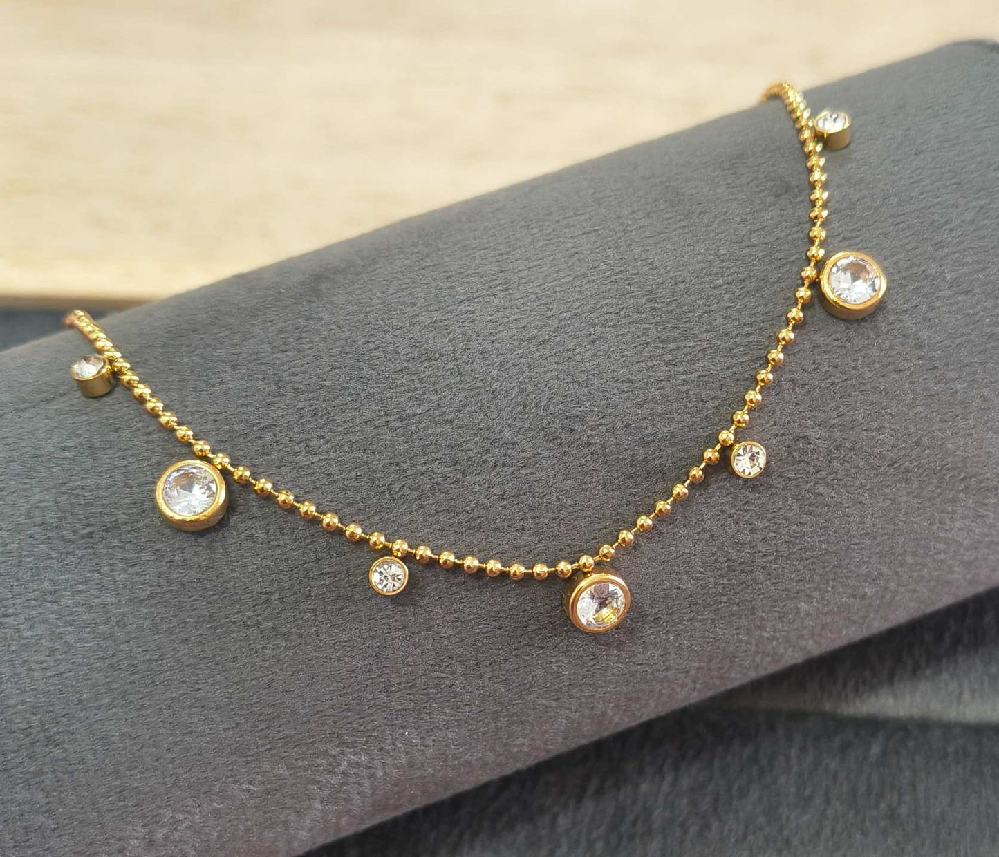 Anti Tarnish Anklet Round Crystal Charms 18K Gold Plated