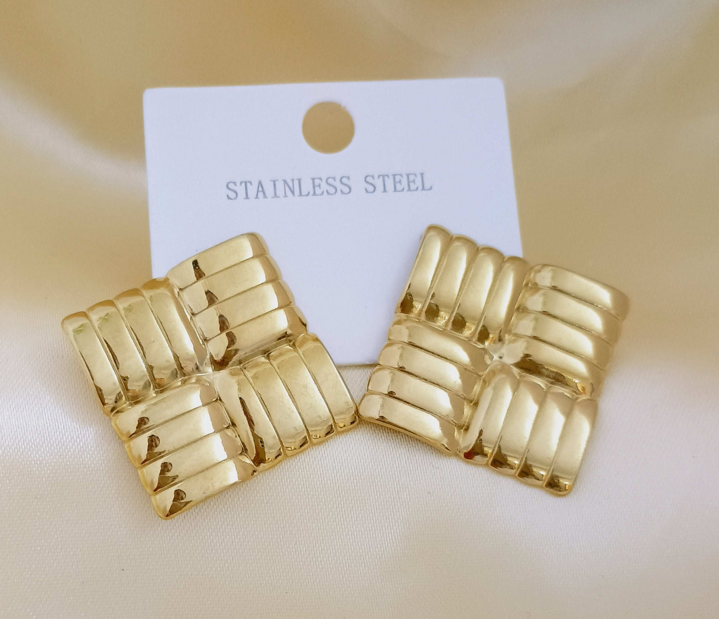 Anti tarnish Big Golden Square Maze Earring Stud 18k Gold PVD Plated - Urban Era Jewel