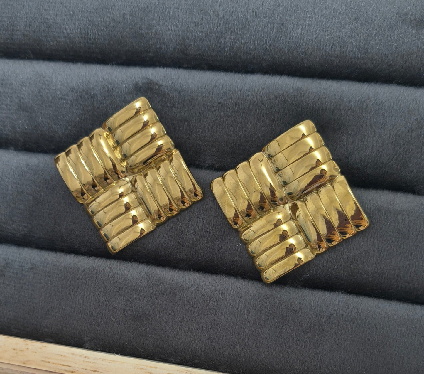 Anti Tarnish Big Golden Square Maze Gold Stud Earrings 18k