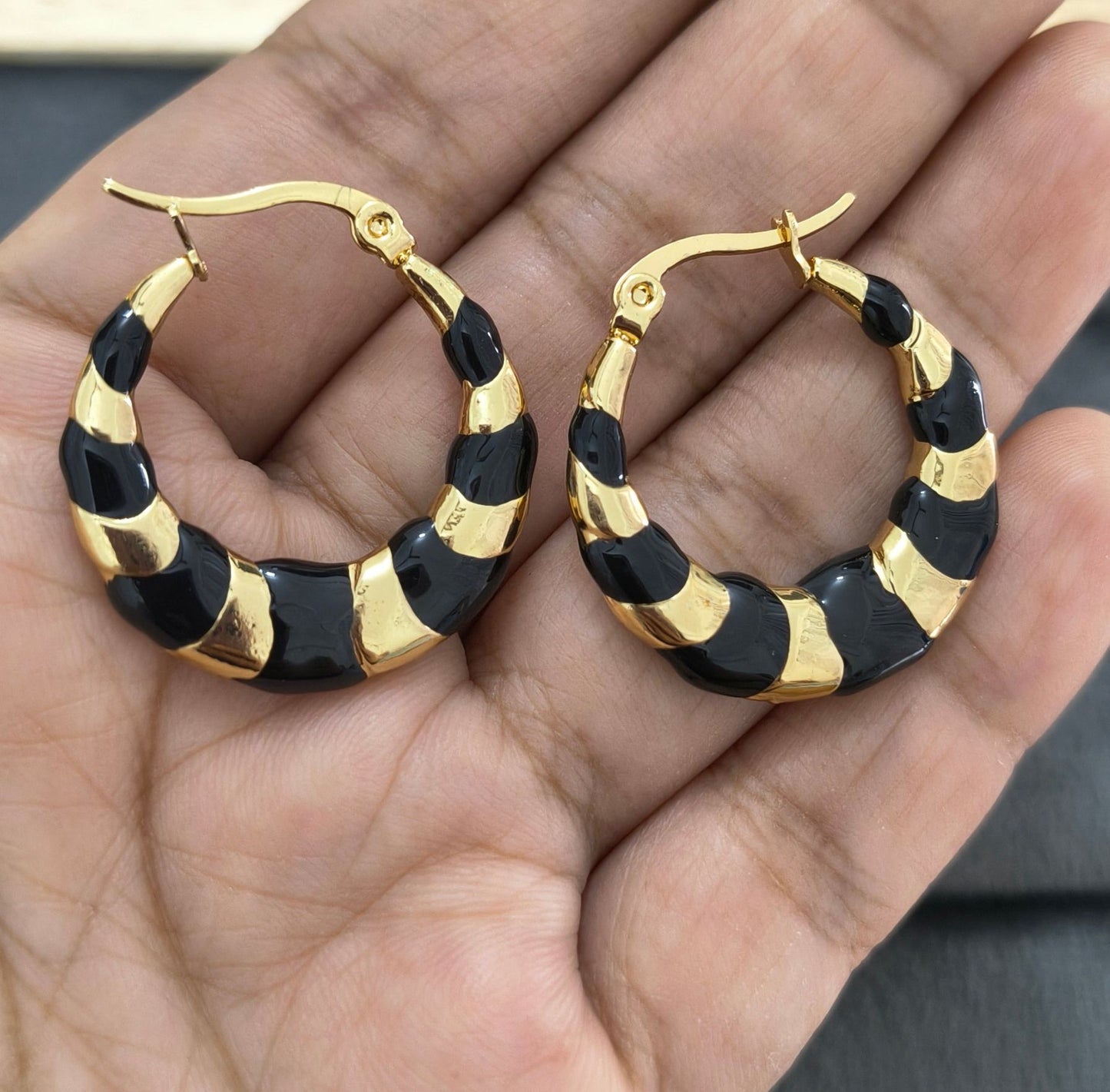 Anti Tarnish Black Enamel Hoop Earrings 18K Gold Plated