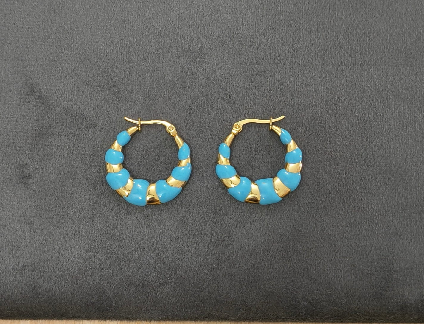 Anti Tarnish Blue Enamel Hoop Earrings 18K Gold Plated
