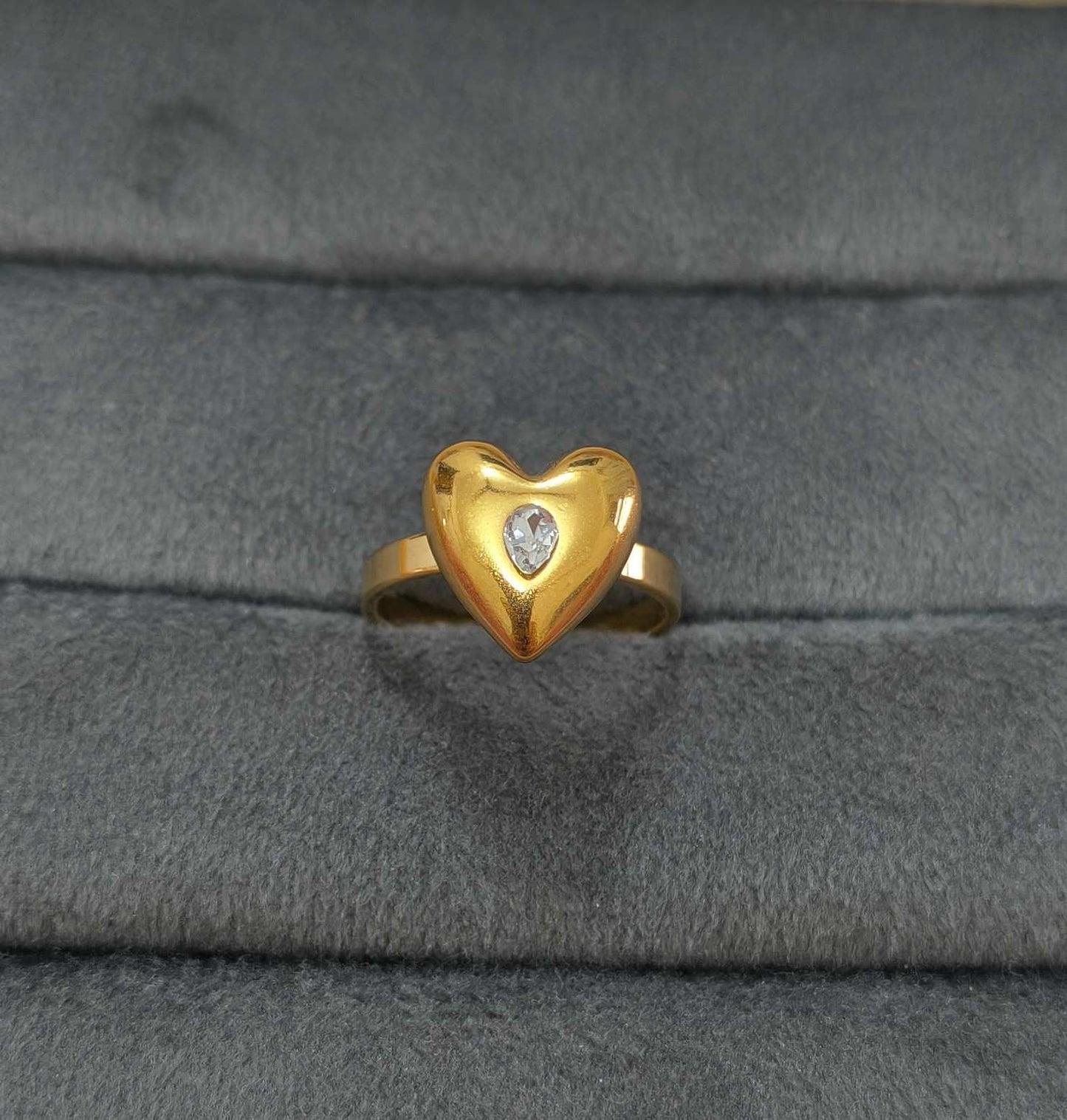 Anti Tarnish Bold Heart Ring With Diamond 18K Gold Plated