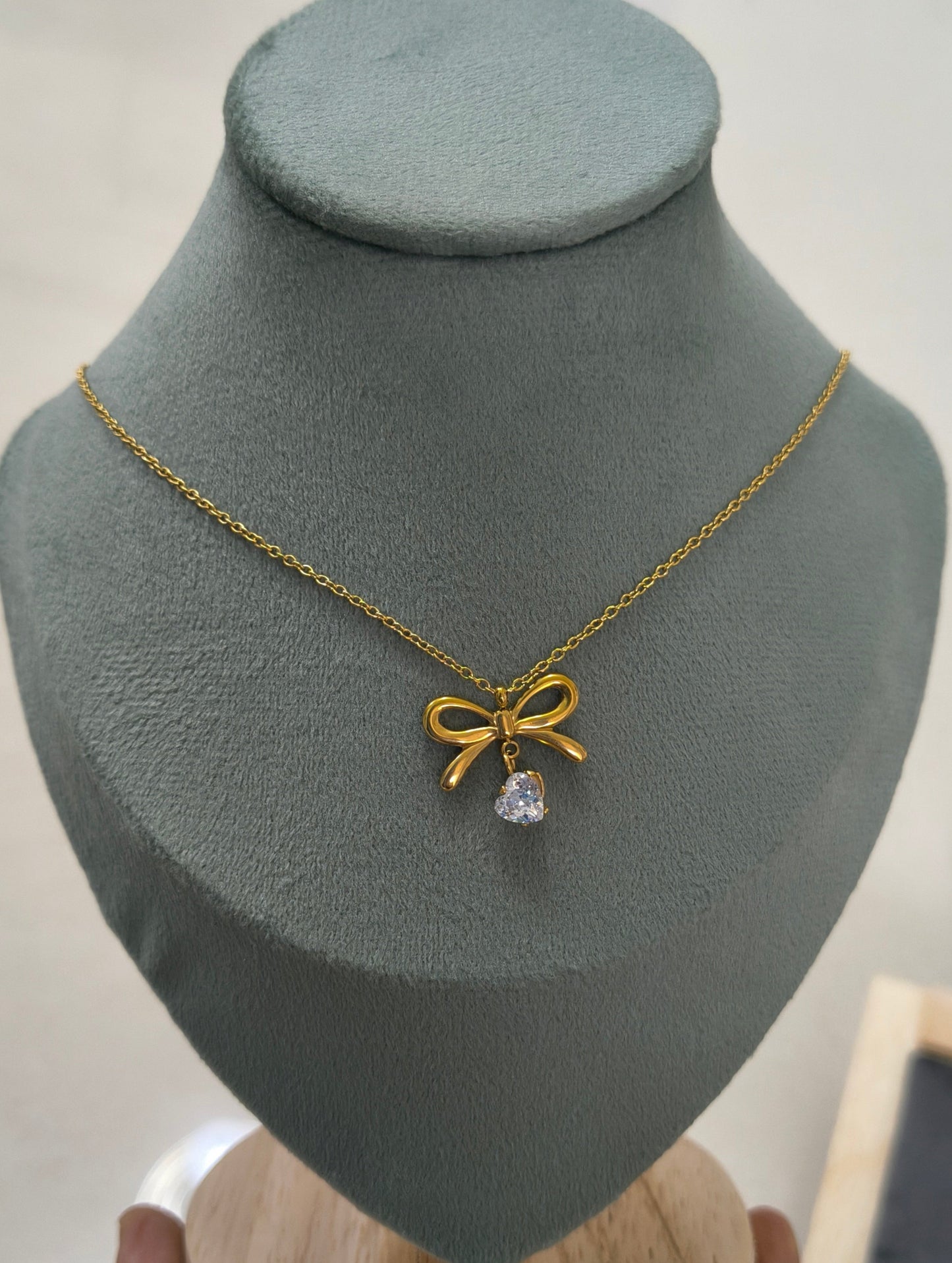 Anti Tarnish Bow Heart Stone Studded Necklace 18K Gold Plated