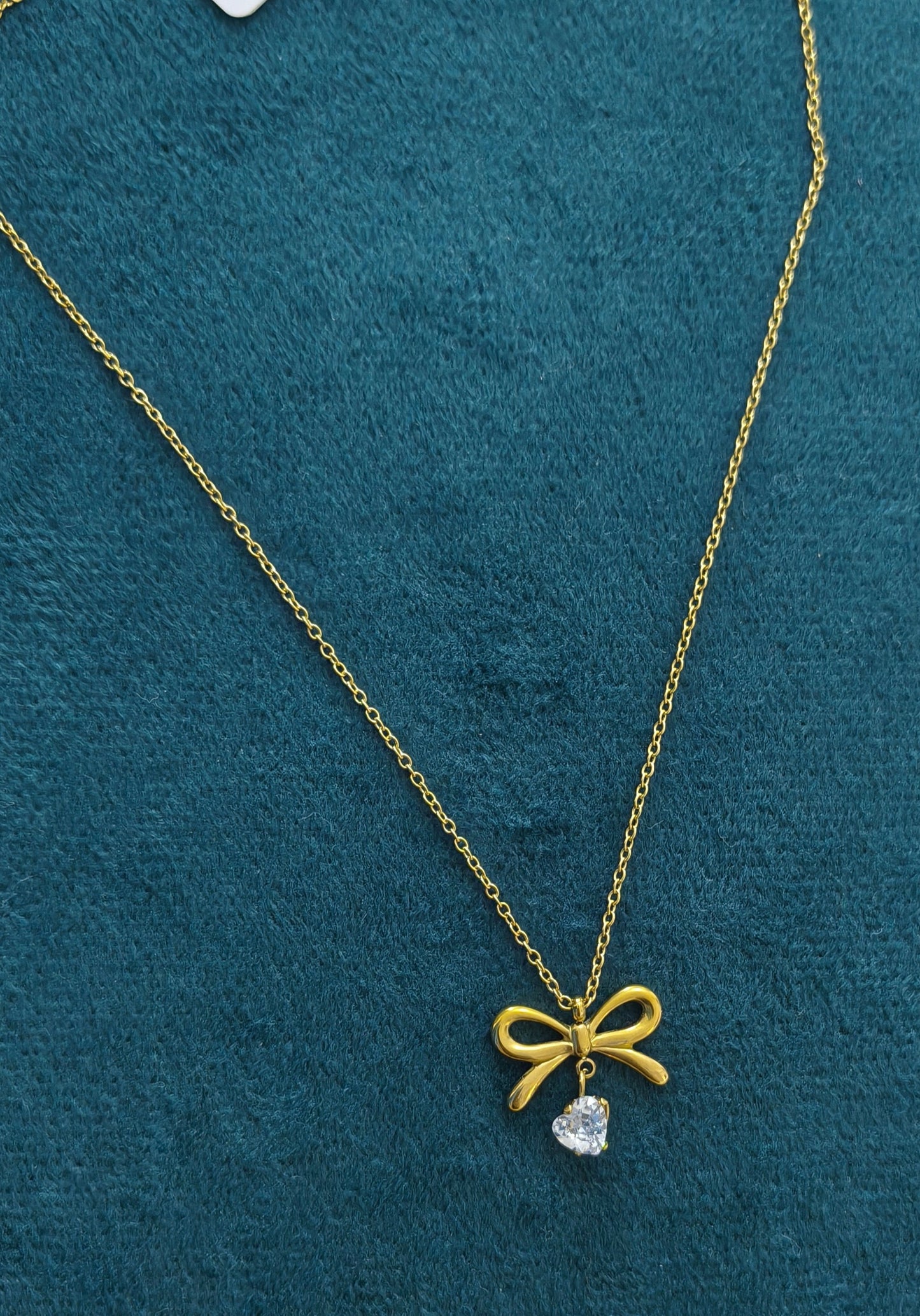 Anti Tarnish Bow Heart Stone Studded Necklace 18K Gold Plated