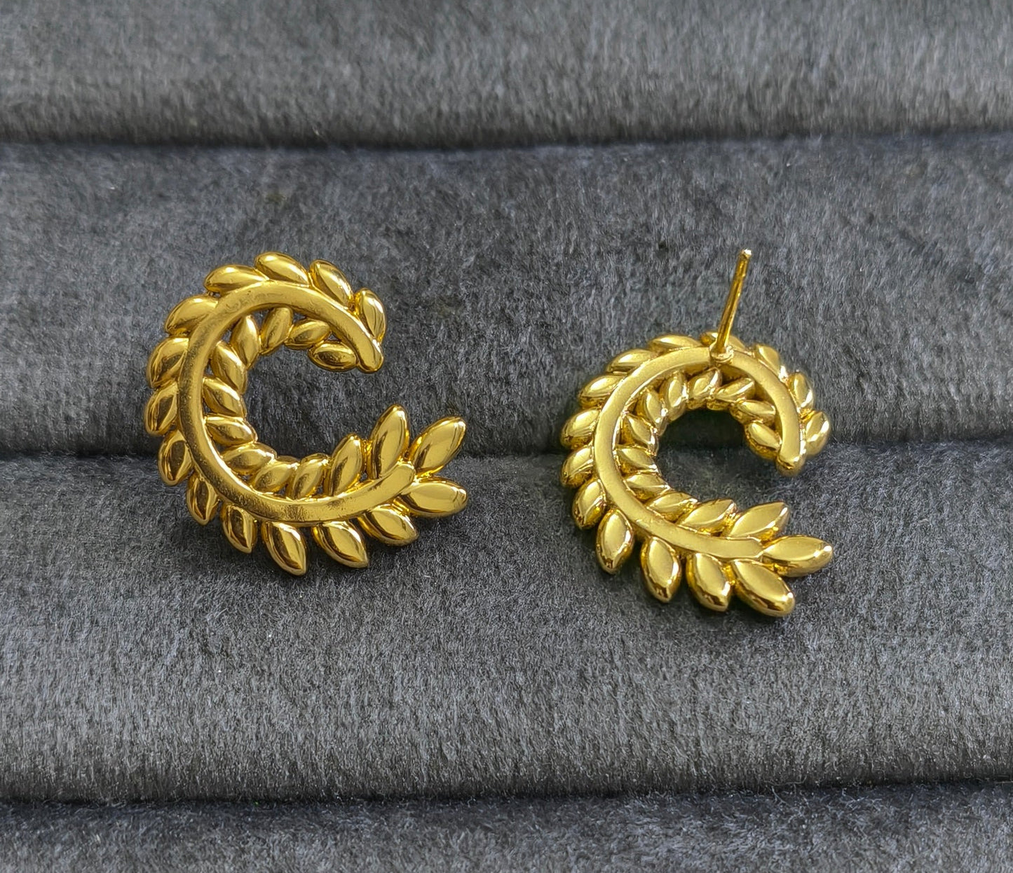 Anti Tarnish Braided Leaf Design Stud Earrings 18K Gold Plated