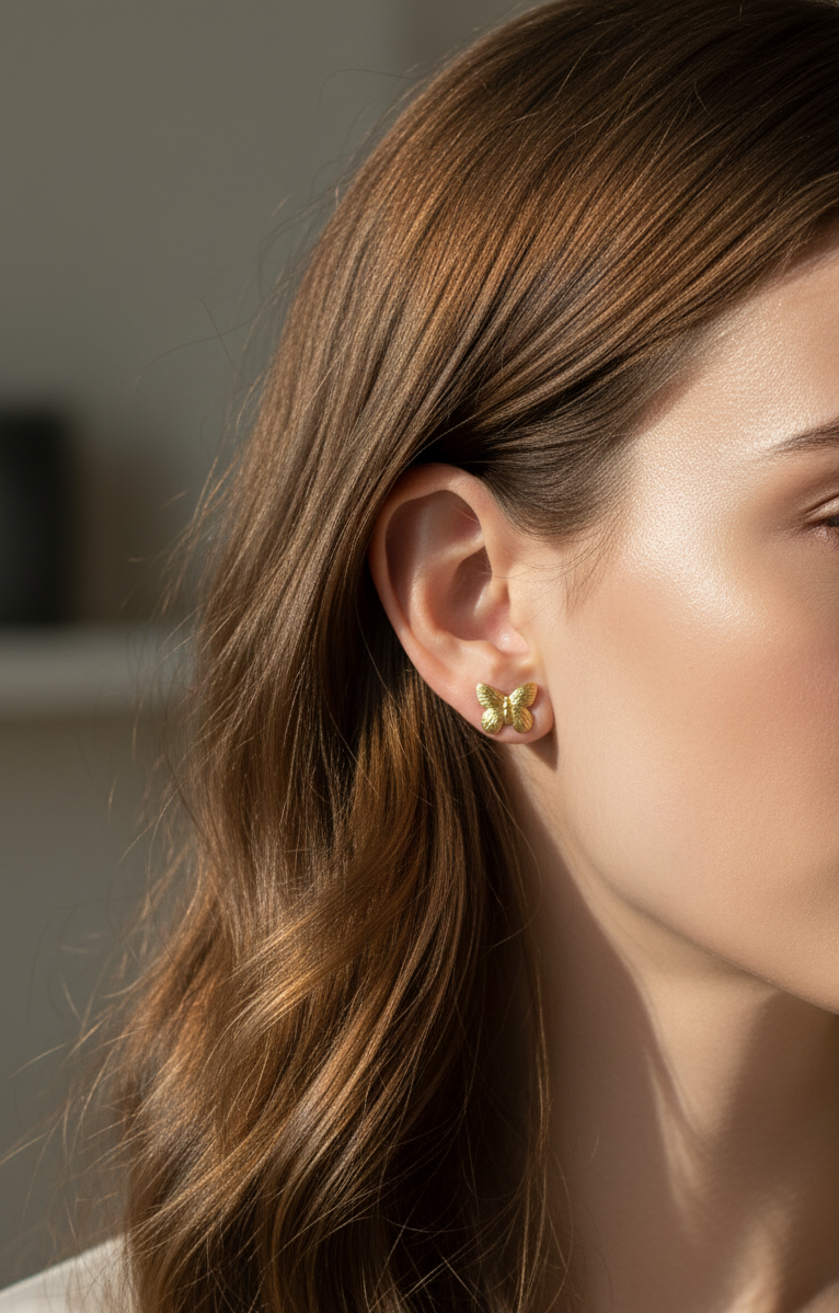 Anti Tarnish Butterfly Stud Earrings 18K Gold Plated