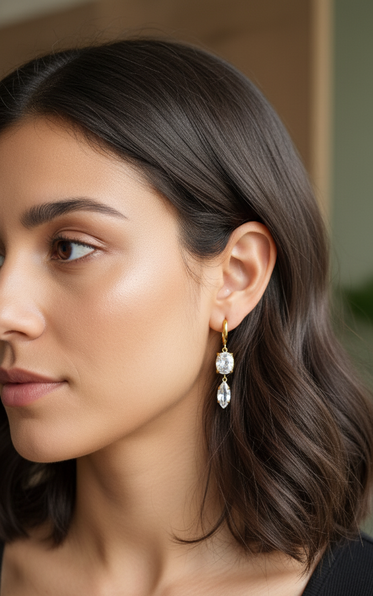 Anti Tarnish Classic Diamond Drop Gold Earrings 18K Gold Plated