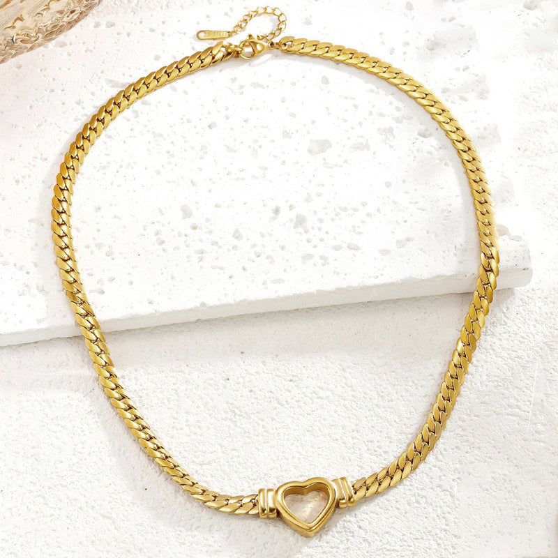 Anti Tarnish Cuban Chain Heart Pendant Necklace 18K Gold Plated