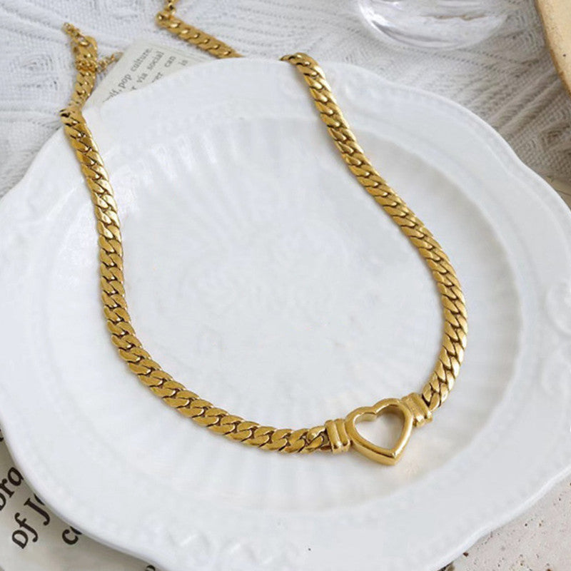 Anti Tarnish Cuban Chain Heart Pendant Necklace 18K Gold Plated