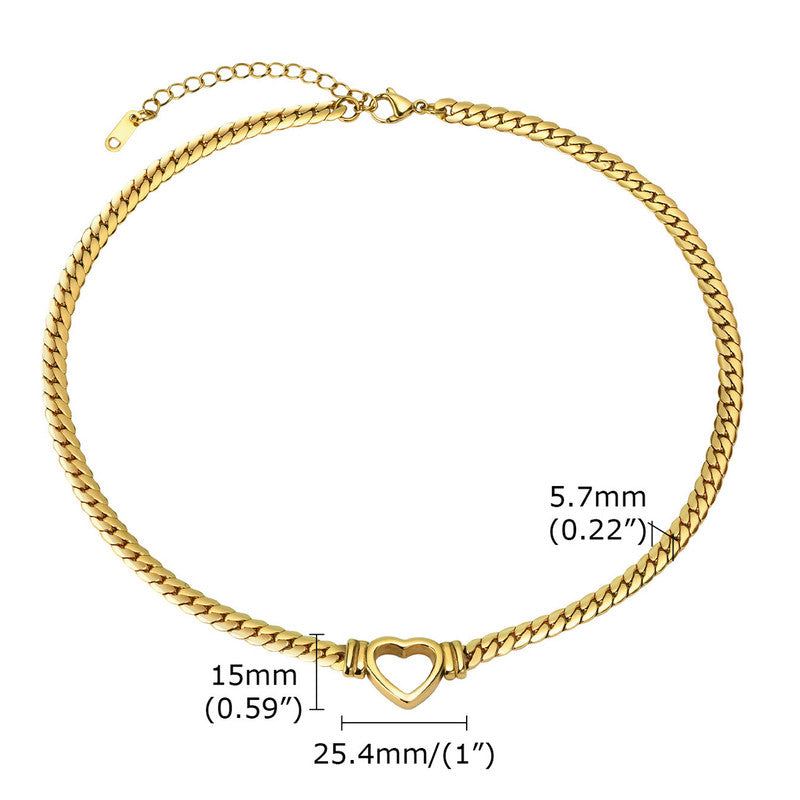 Anti Tarnish Cuban Chain Heart Pendant Necklace 18K Gold Plated