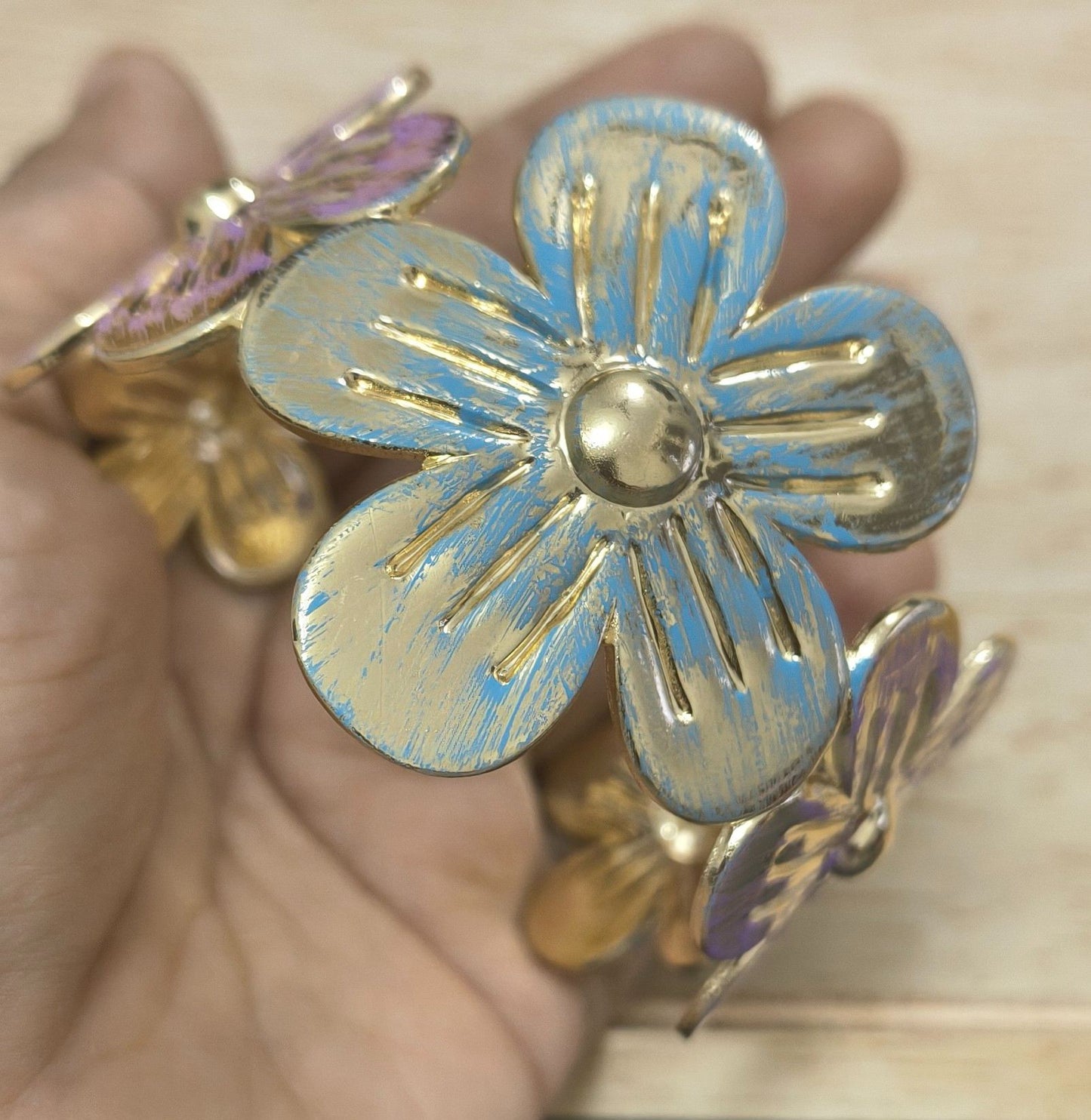 Anti Tarnish Cuff Bracelet Enamel Flowers 18K Gold Plated