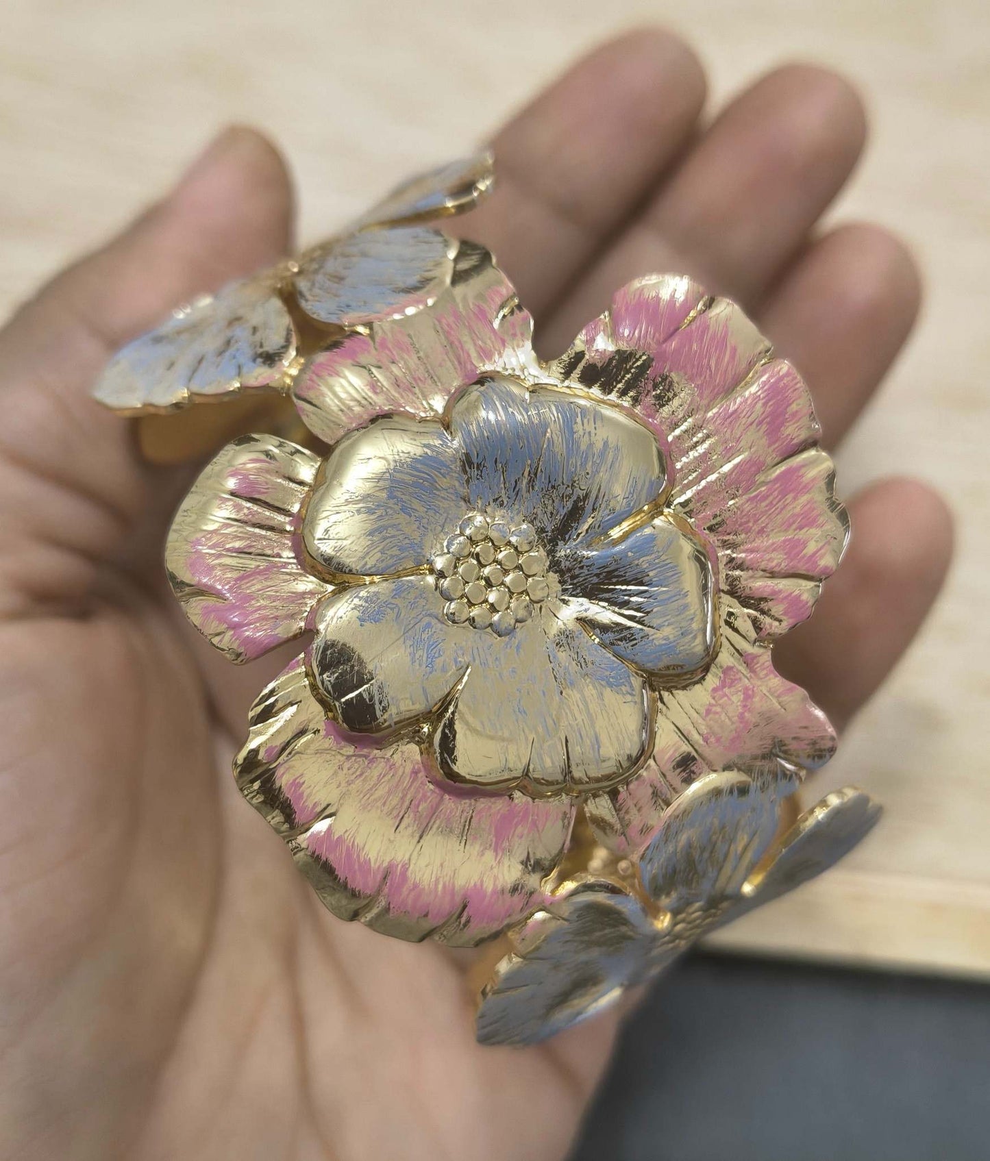 Anti Tarnish Cuff Bracelet Enamel Hibiscus 18K Gold Plated