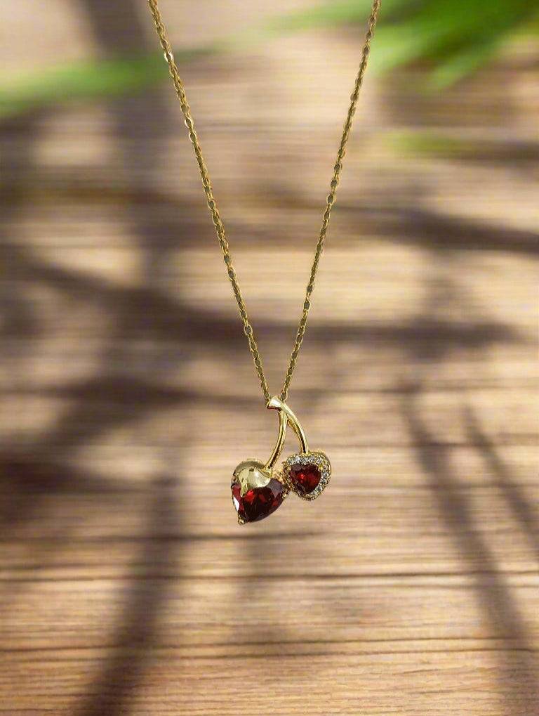 Anti Tarnish Cute Red Cherry Gold Necklace 18K Gold Plated