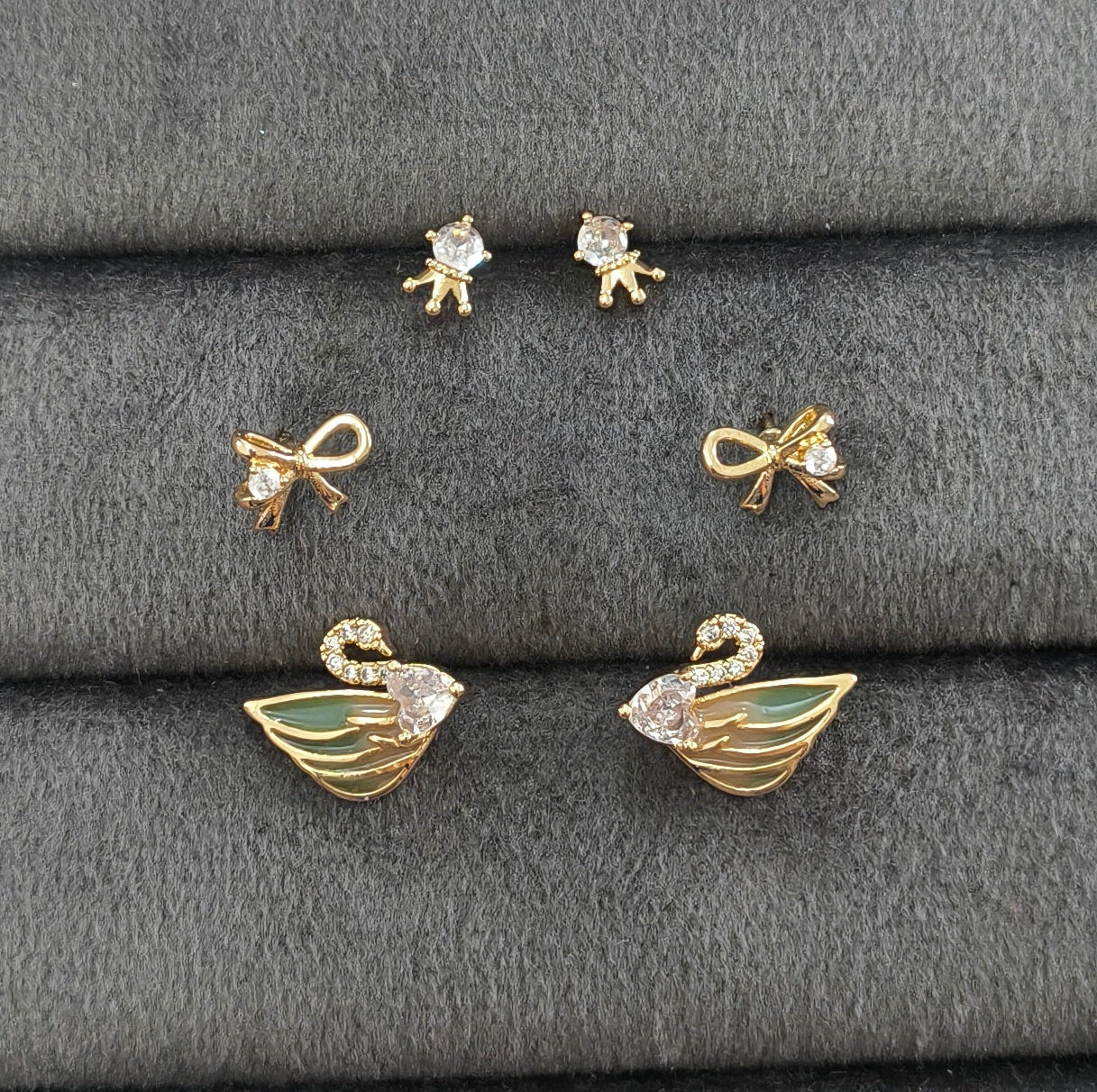 Anti Tarnish Dainty Swan Earrings Set of 3 18K Gold Plated