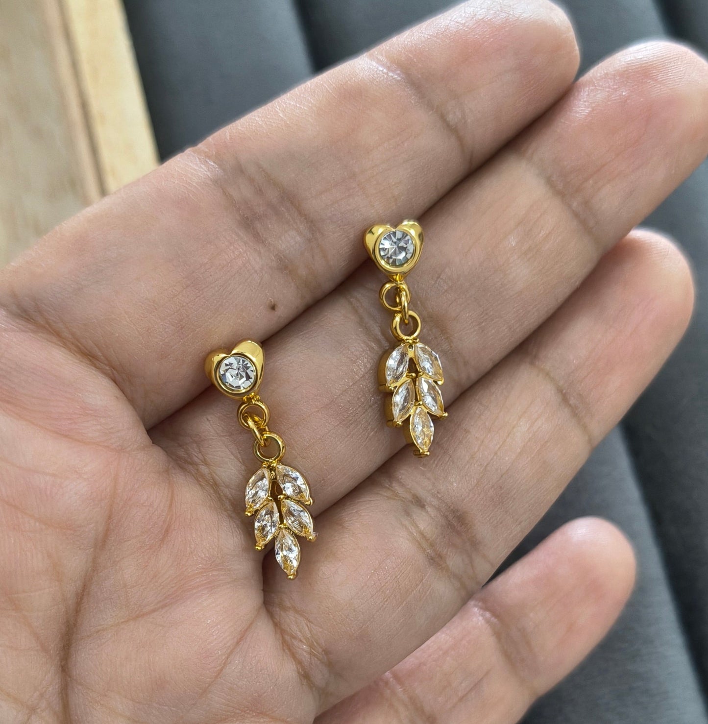 Anti Tarnish Dazzling Stone Studded Leaf Drop 18K Gold Plated