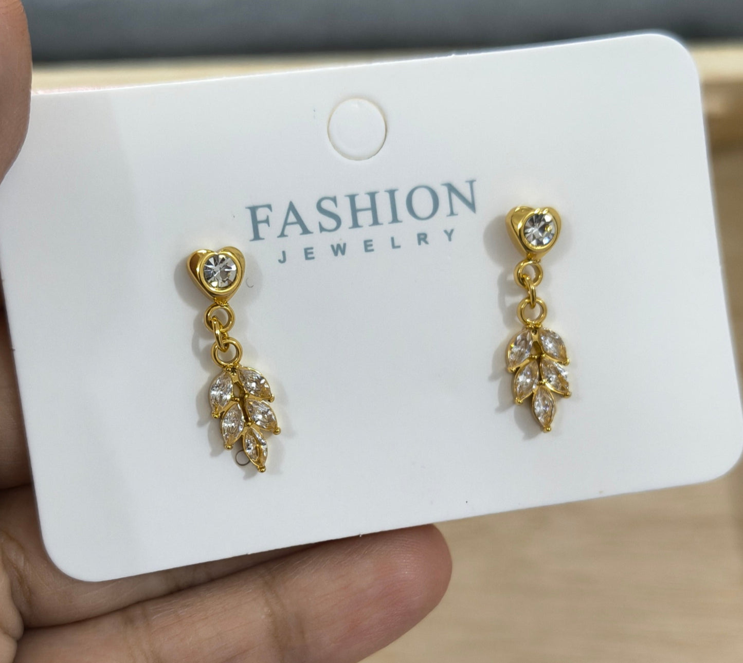 Anti Tarnish Dazzling Stone Studded Leaf Drop 18K Gold Plated
