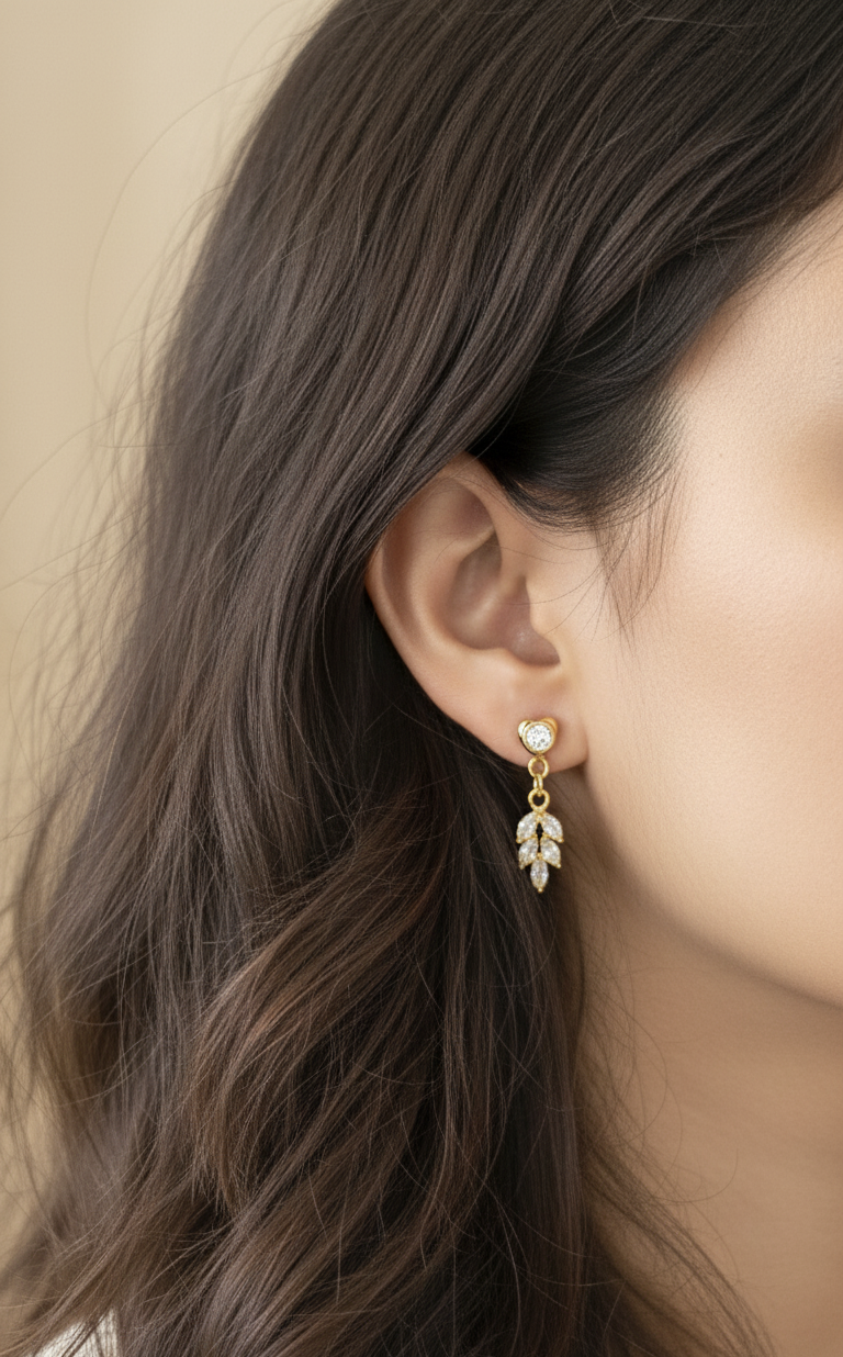 Anti Tarnish Dazzling Stone Studded Leaf Drop 18K Gold Plated