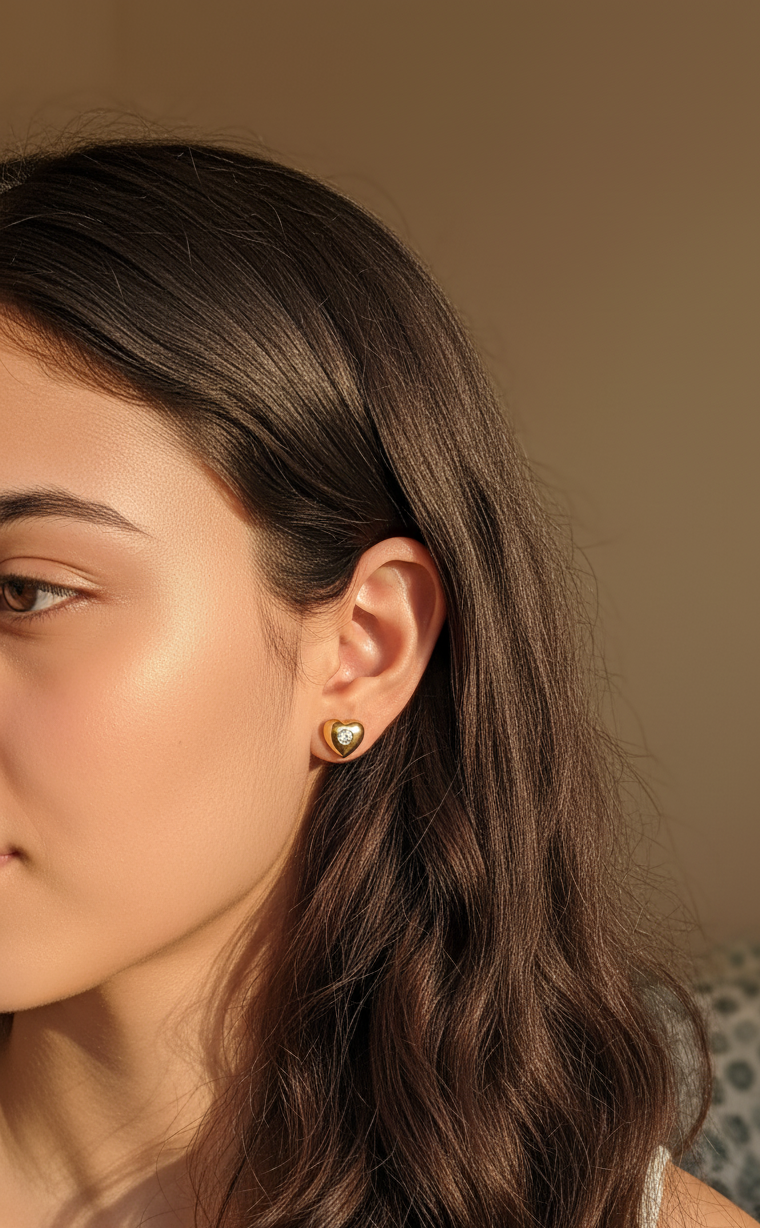 Anti Tarnish Diamond Heart Stud Earrings 18K Gold Plated