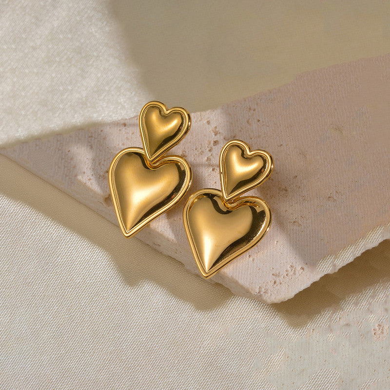 Anti Tarnish Double Heart Earrings 18K Gold Plated