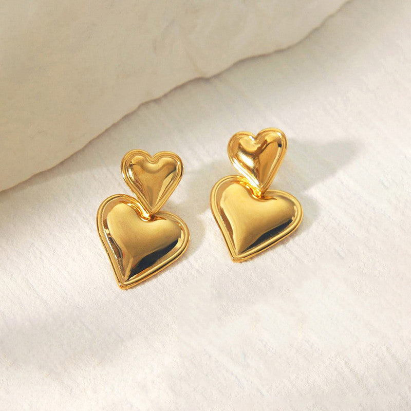 Anti Tarnish Double Heart Earrings 18K Gold Plated