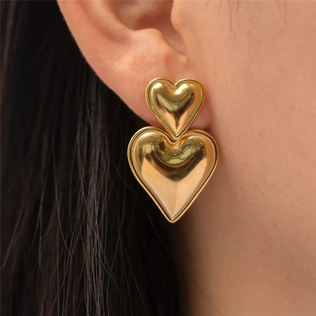 Anti Tarnish Double Heart Earrings 18K Gold Plated