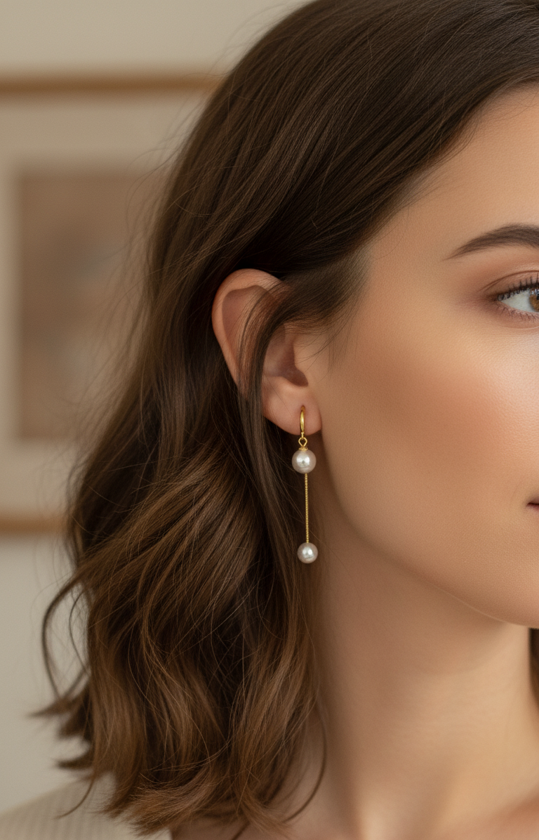Anti Tarnish Double Pearl Drop Dangler Earring 18K Gold Plated