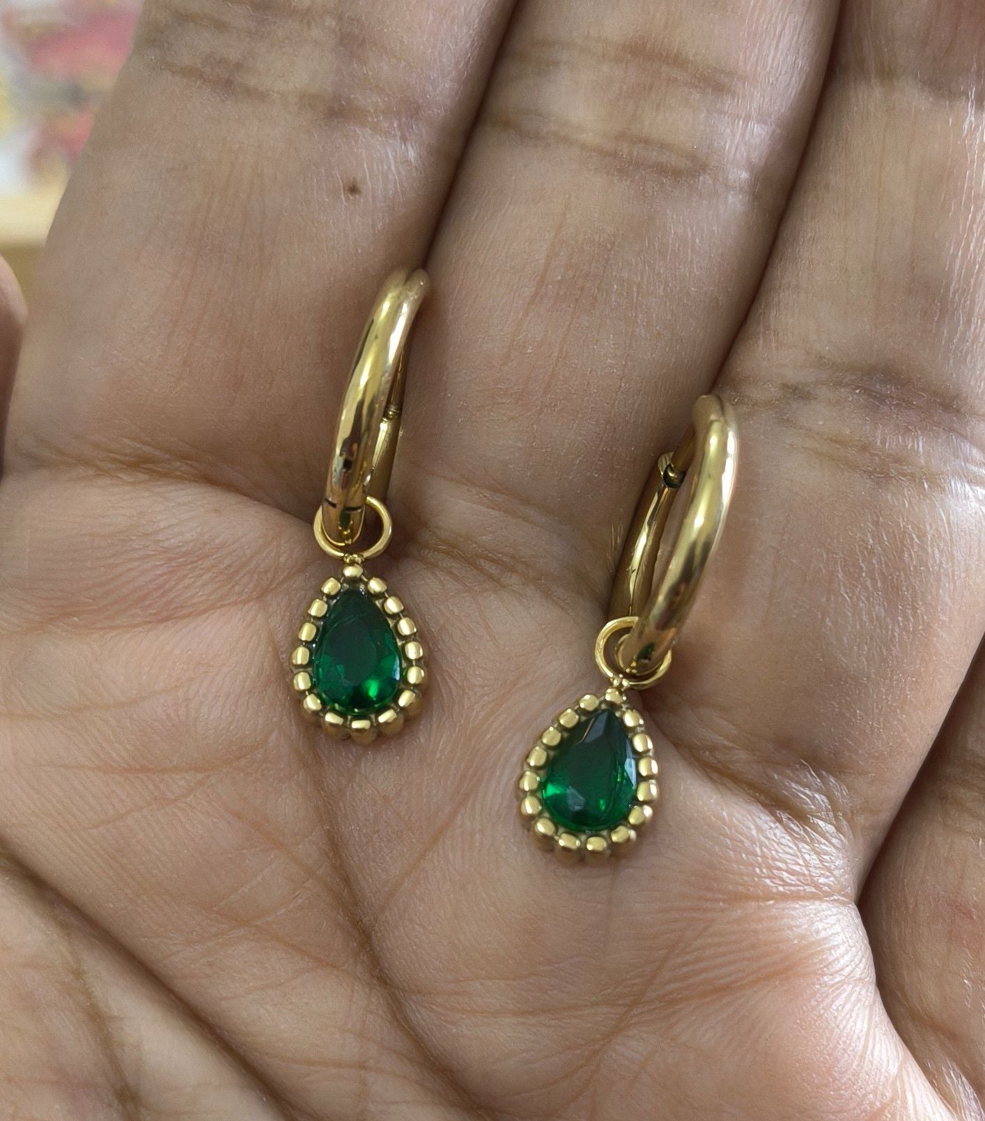 Anti Tarnish Earrings Oval Diamond Drop 18K Gold Plated