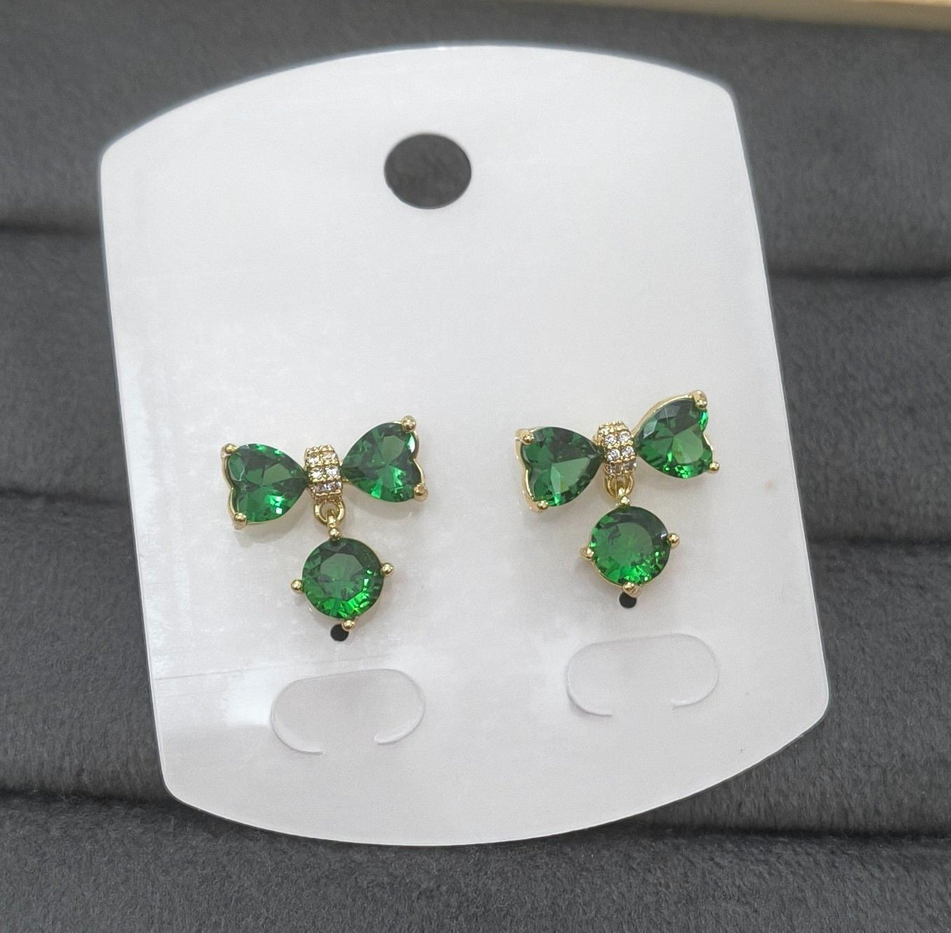 Anti Tarnish Emerald Bow Stud Earrings 18K Gold Plated