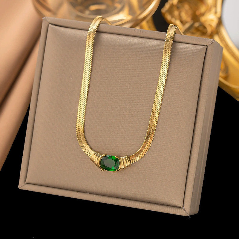 Anti Tarnish Emerald Pendant Heavy Snake Chain Necklace