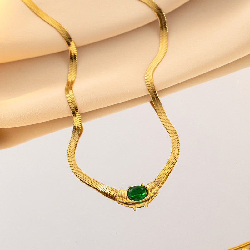 Anti Tarnish Emerald Pendant Heavy Snake Chain Necklace